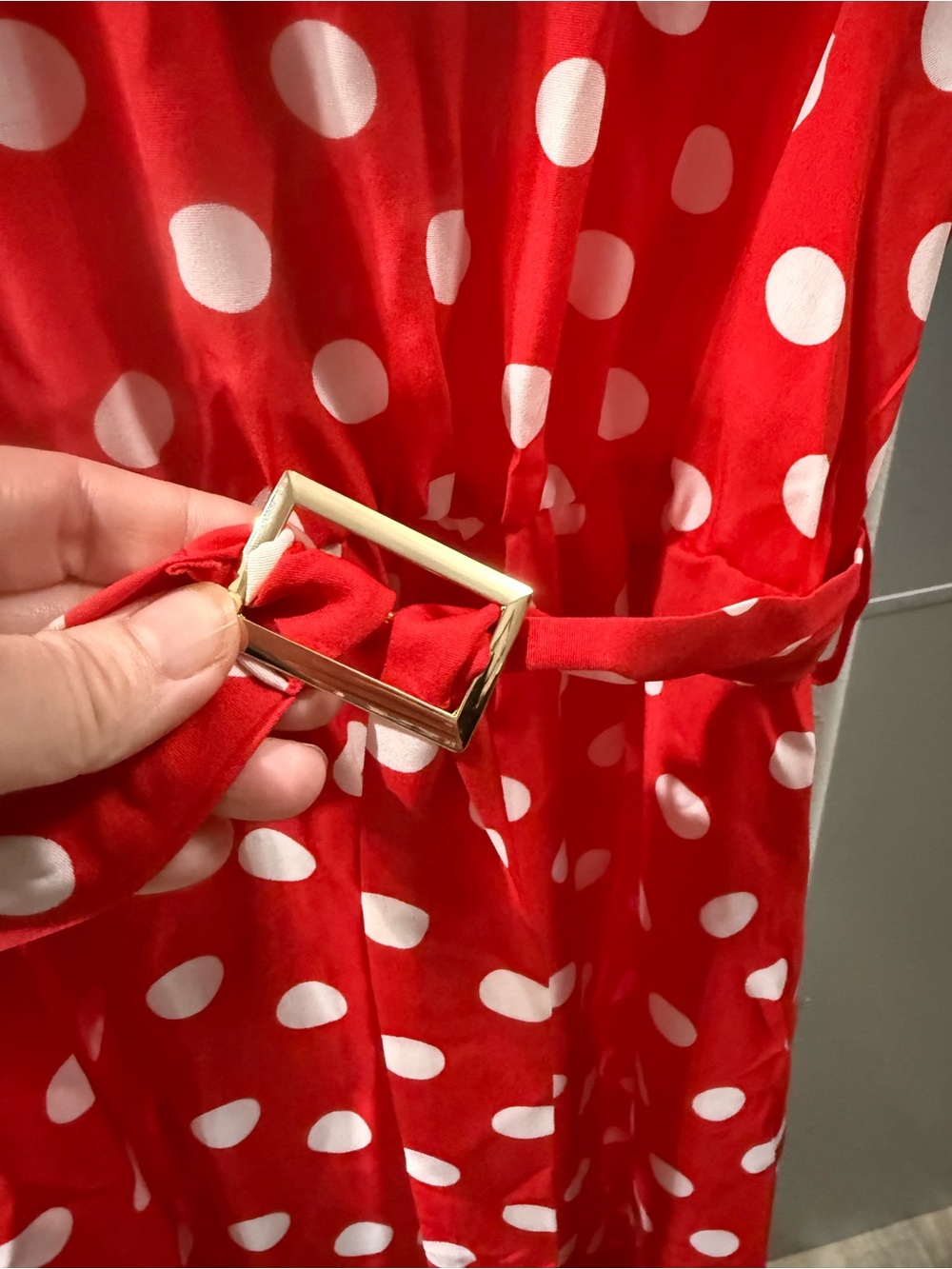 Red Polka Dot Sleeveless Maxi Dress with Tie Waist - Picture 3 of 4